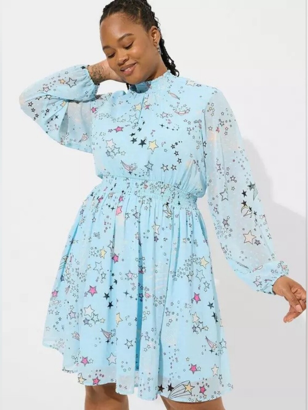 Torrid Mini Clipdot Blouson Sleeve Mock Neck Skater Dress